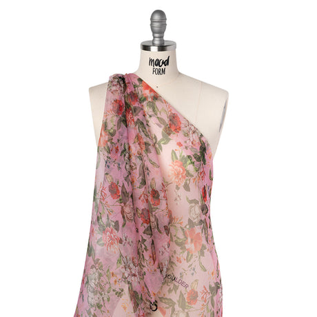 Silk Organza Print Made in Italy - Bubblegum Pink, Rose and Green Floral - Deadstock