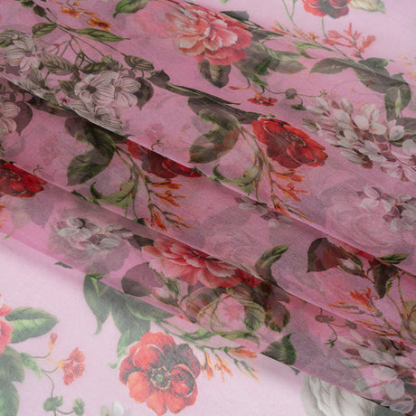 Silk Organza Print Made in Italy - Bubblegum Pink, Rose and Green Floral - Deadstock