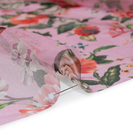 Silk Organza Print Made in Italy - Bubblegum Pink, Rose and Green Floral - Deadstock