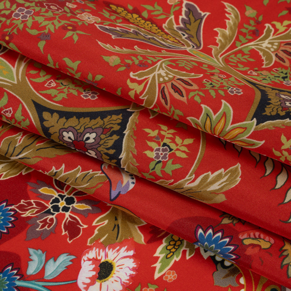 China Silk/Silk Habotai Print Made in Italy - Red, Green and Golden Yellow Flowers and Crests - Deadstock