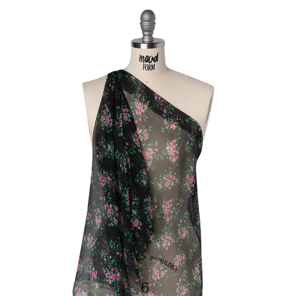 Crinkled Silk Chiffon Print Made in Italy - Black, Green and Pink Flower Bunches - Deadstock