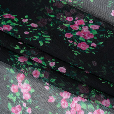Crinkled Silk Chiffon Print Made in Italy - Black, Green and Pink Flower Bunches - Deadstock