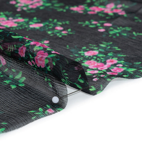 Crinkled Silk Chiffon Print Made in Italy - Black, Green and Pink Flower Bunches - Deadstock