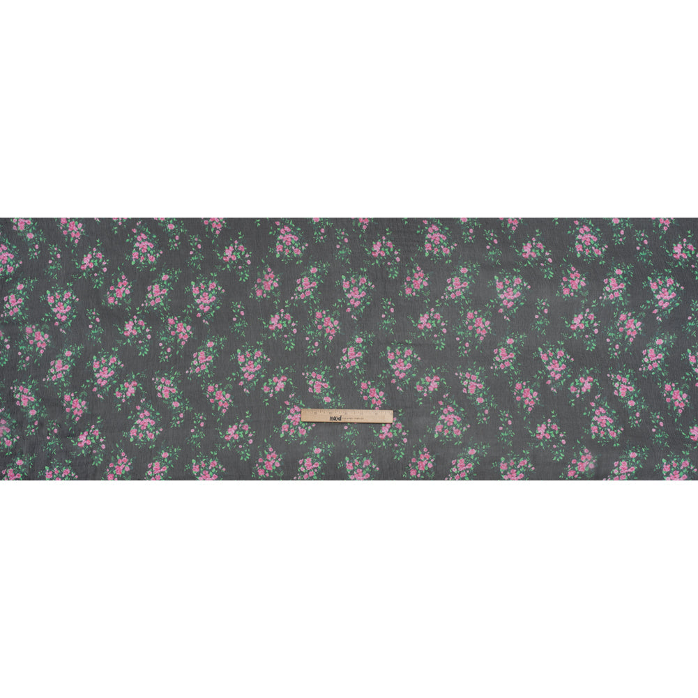 Crinkled Silk Chiffon Print Made in Italy - Black, Green and Pink Flower Bunches - Deadstock