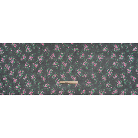 Crinkled Silk Chiffon Print Made in Italy - Black, Green and Pink Flower Bunches - Deadstock