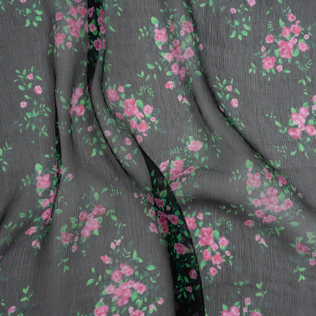 Crinkled Silk Chiffon Print Made in Italy - Black, Green and Pink Flower Bunches - Deadstock