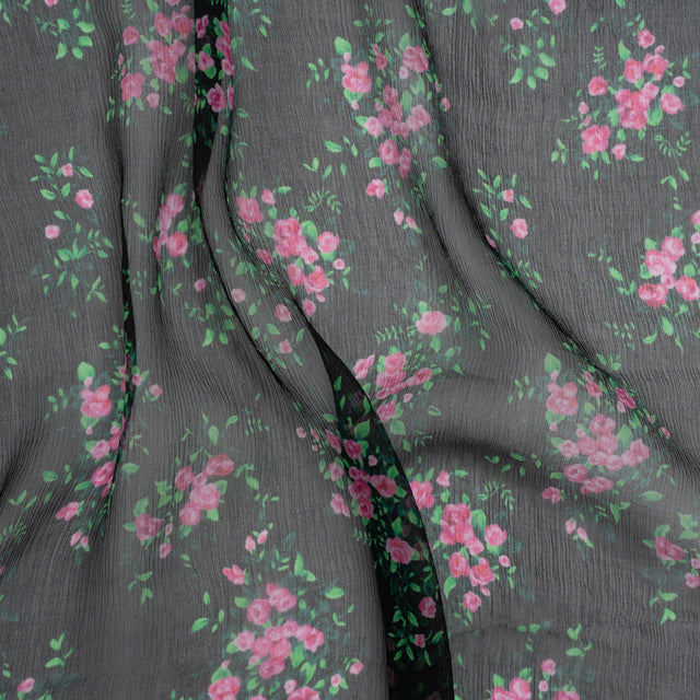 Crinkled Silk Chiffon Print Made in Italy - Black, Green and Pink Flower Bunches - Deadstock