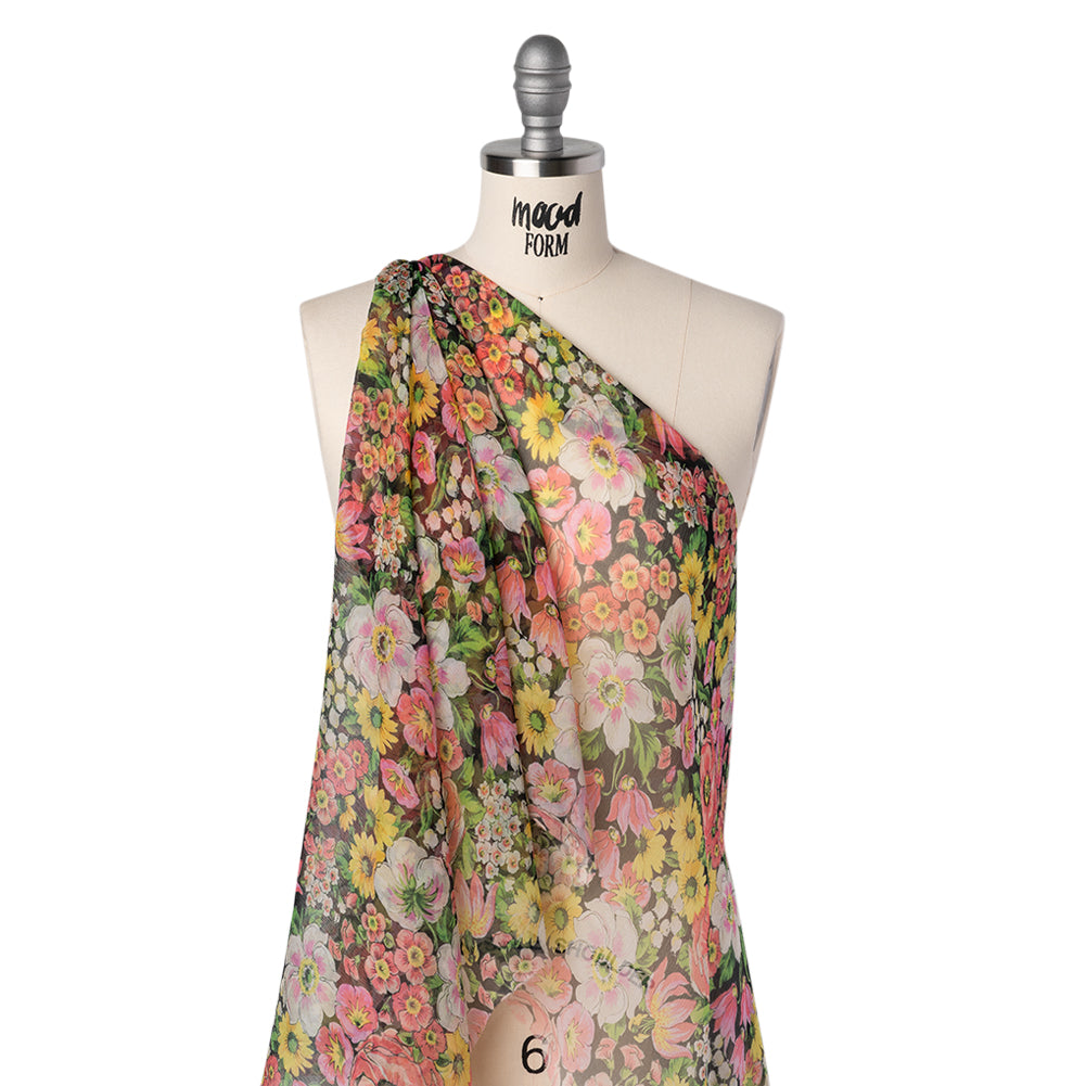 Silk Voile Print Made in Italy - Pink, Yellow and Green Flower Garden - Deadstock