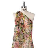 Silk Voile Print Made in Italy - Pink, Yellow and Green Flower Garden - Deadstock