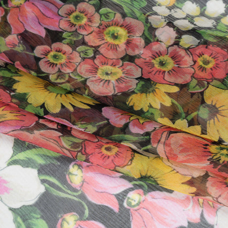Silk Voile Print Made in Italy - Pink, Yellow and Green Flower Garden - Deadstock