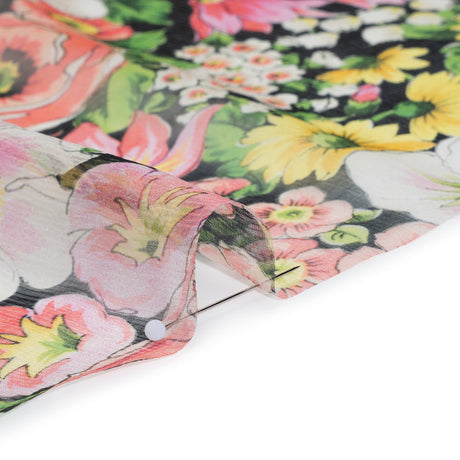 Silk Voile Print Made in Italy - Pink, Yellow and Green Flower Garden - Deadstock