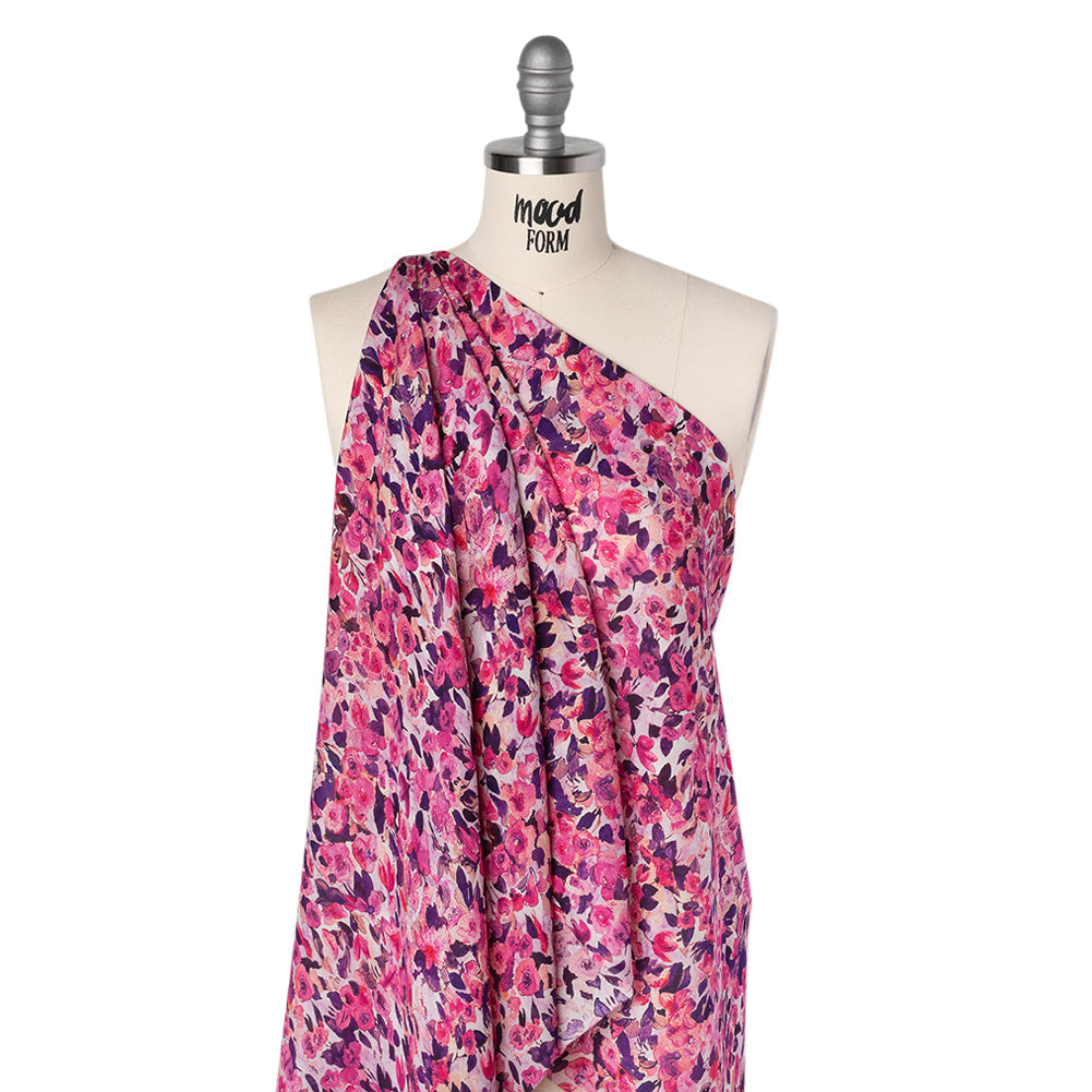 Silk Georgette Print Made in Italy - Pink, Dark Purple and Lavender Watercolor Roses - Deadstock