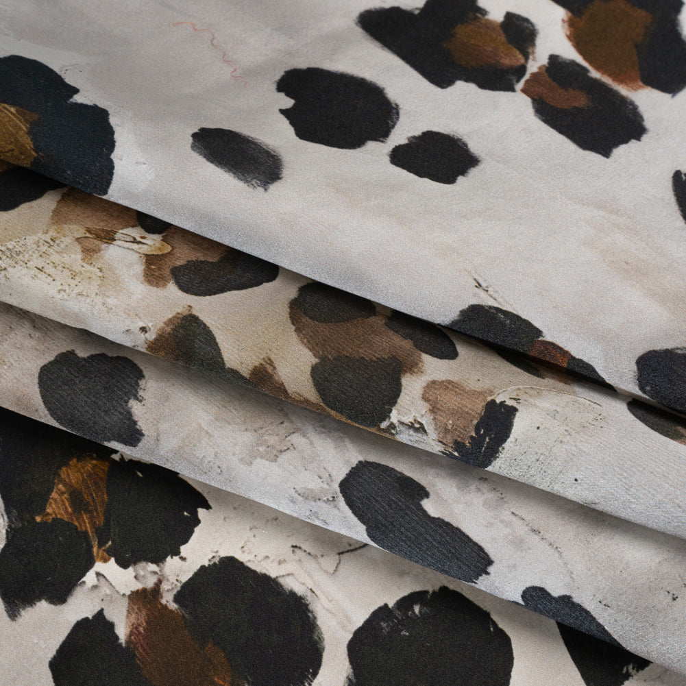 Silk Satin Print Made in Italy - Brown, Beige and Gray Painted Animal Spots - Deadstock