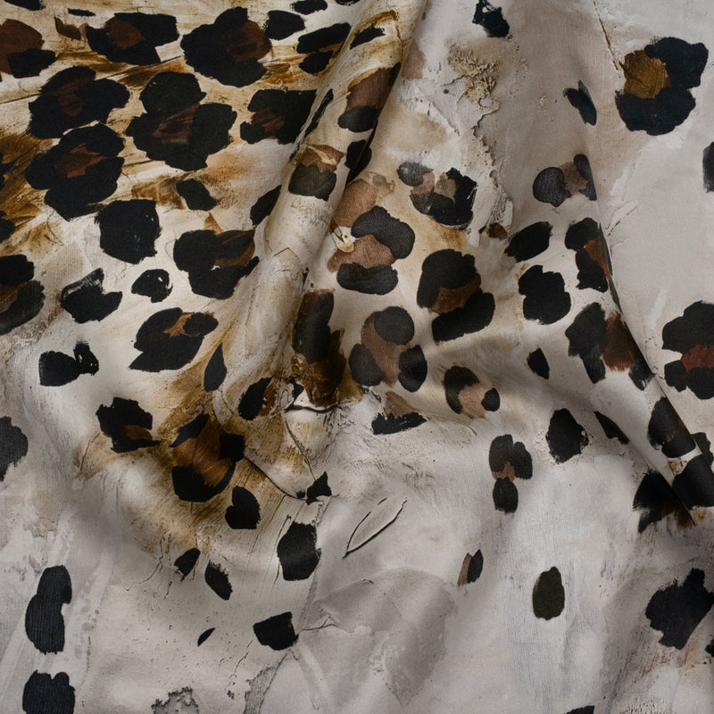 Silk Satin Print Made in Italy - Brown, Beige and Gray Painted Animal Spots - Deadstock