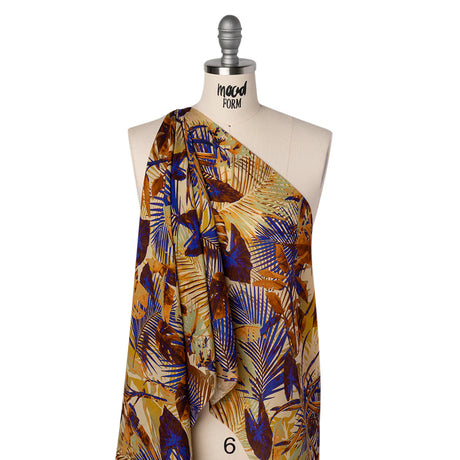 Satin Faced Silk Chiffon Print Made in Italy - Gold, Brown and Ultramarine Blue Palms and Tropical Leaves - Deadstock