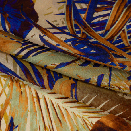 Satin Faced Silk Chiffon Print Made in Italy - Gold, Brown and Ultramarine Blue Palms and Tropical Leaves - Deadstock