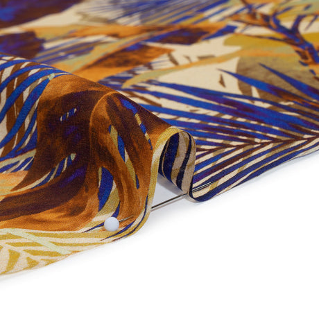 Satin Faced Silk Chiffon Print Made in Italy - Gold, Brown and Ultramarine Blue Palms and Tropical Leaves - Deadstock