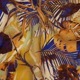 Satin Faced Silk Chiffon Print Made in Italy - Gold, Brown and Ultramarine Blue Palms and Tropical Leaves - Deadstock