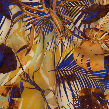 Satin Faced Silk Chiffon Print Made in Italy - Gold, Brown and Ultramarine Blue Palms and Tropical Leaves - Deadstock