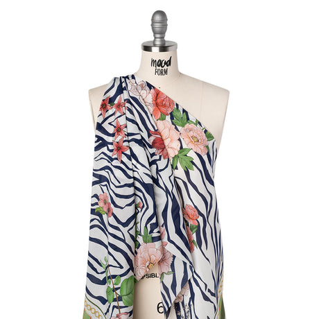 Silk Crepe de Chine Print Made in Italy - Navy, Pink and Green Zebra Stripes, Flowers and Chain Borders - Deadstock
