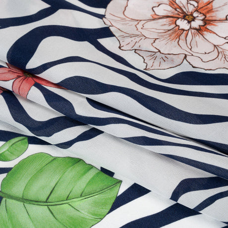Silk Crepe de Chine Print Made in Italy - Navy, Pink and Green Zebra Stripes, Flowers and Chain Borders - Deadstock