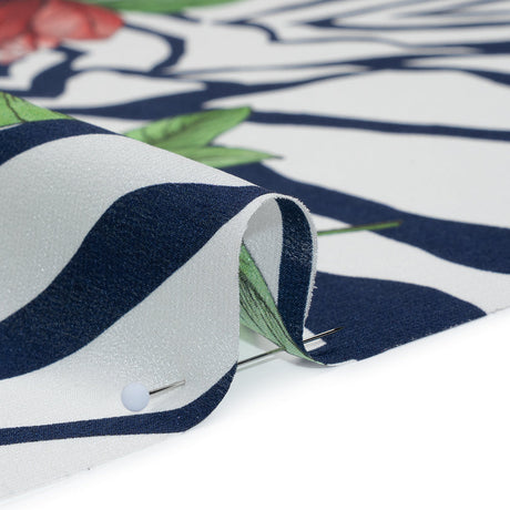 Silk Crepe de Chine Print Made in Italy - Navy, Pink and Green Zebra Stripes, Flowers and Chain Borders - Deadstock