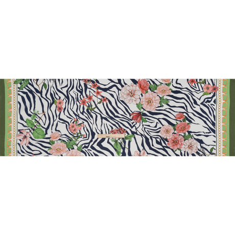 Silk Crepe de Chine Print Made in Italy - Navy, Pink and Green Zebra Stripes, Flowers and Chain Borders - Deadstock