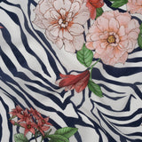Silk Crepe de Chine Print Made in Italy - Navy, Pink and Green Zebra Stripes, Flowers and Chain Borders - Deadstock