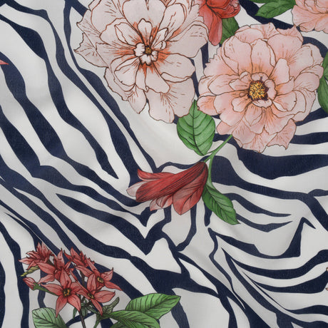 Silk Crepe de Chine Print Made in Italy - Navy, Pink and Green Zebra Stripes, Flowers and Chain Borders - Deadstock