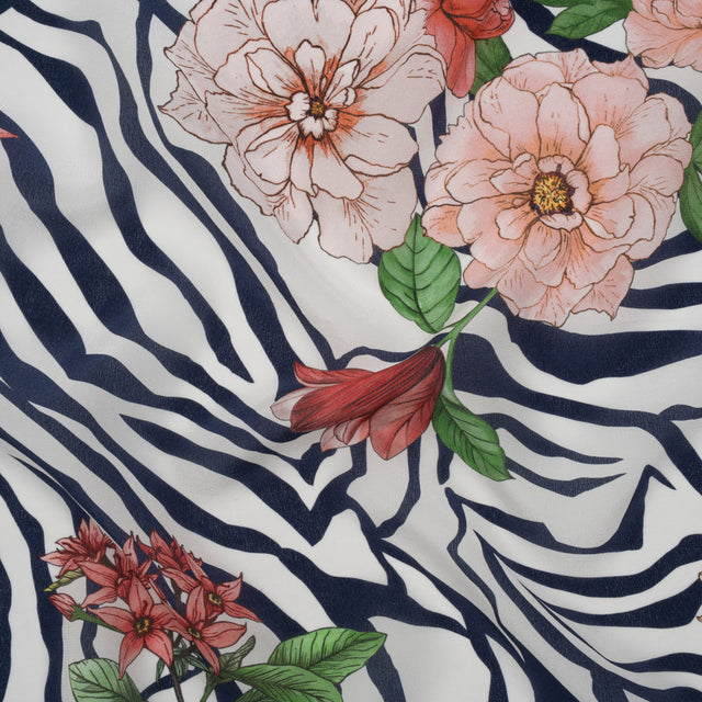 Silk Crepe de Chine Print Made in Italy - Navy, Pink and Green Zebra Stripes, Flowers and Chain Borders - Deadstock