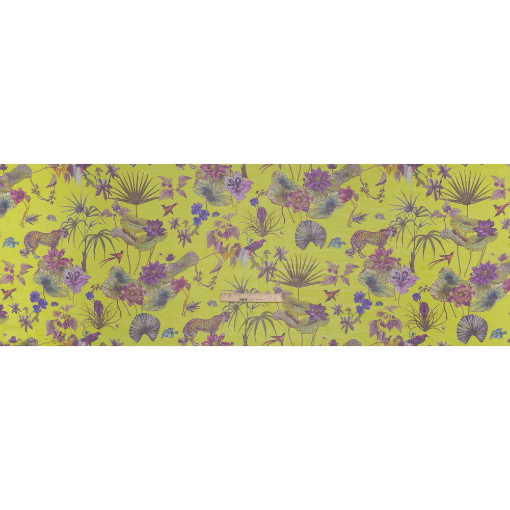 Silk Voile Print Made in Italy - Chartreuse Green, Purple and Blue Tropical Flora and Fauna - Deadstock