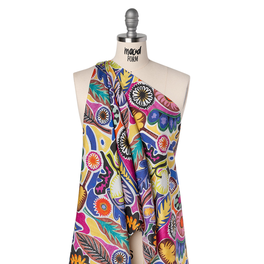 Silk Shantung Print Made in Italy - Blue, Lime and Brown Stylized Flowers and Leaves - Deadstock