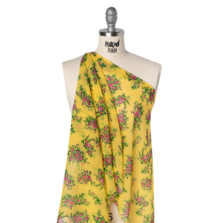 Silk Chiffon Print Made in Italy - Sunny Yellow, Green and Pink Flower Bunches - Deadstock