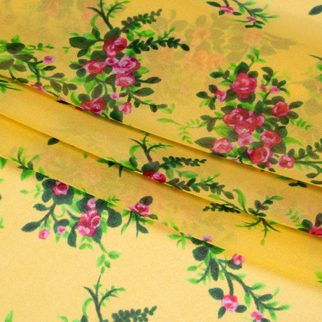 Silk Chiffon Print Made in Italy - Sunny Yellow, Green and Pink Flower Bunches - Deadstock