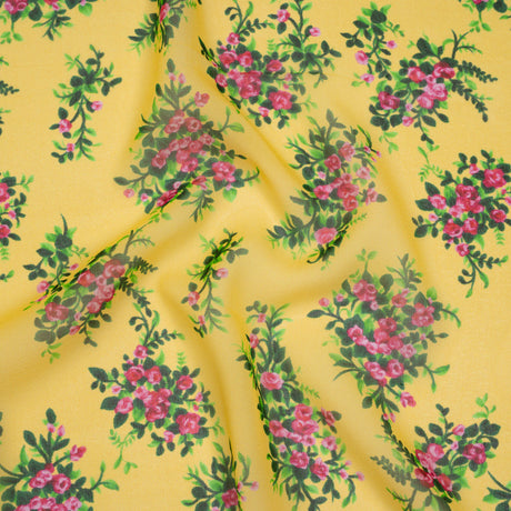 Silk Chiffon Print Made in Italy - Sunny Yellow, Green and Pink Flower Bunches - Deadstock