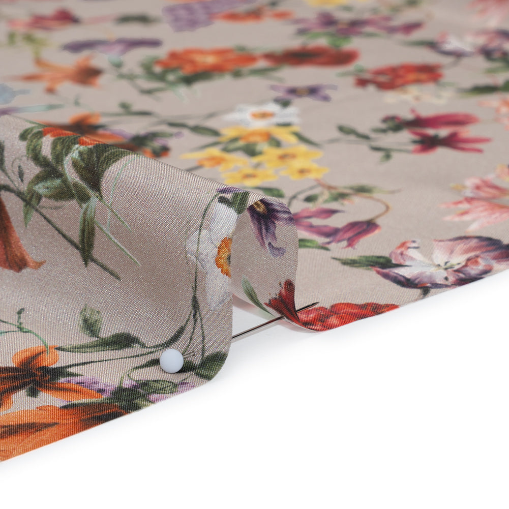China Silk/Silk Habotai Print Made in Italy - Greige, Red and Purple Fancy Flowers - Deadstock