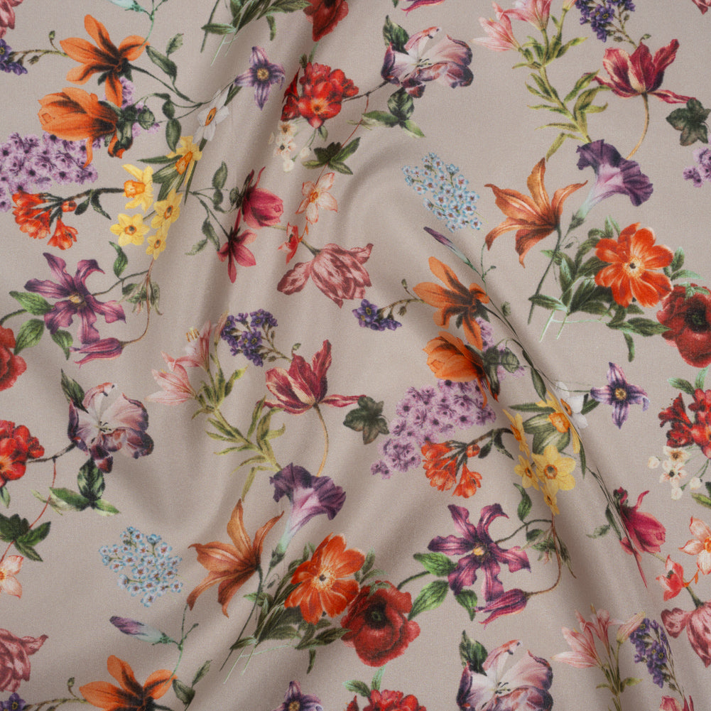 China Silk/Silk Habotai Print Made in Italy - Greige, Red and Purple Fancy Flowers - Deadstock