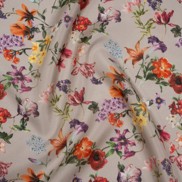 China Silk/Silk Habotai Print Made in Italy - Greige, Red and Purple Fancy Flowers - Deadstock