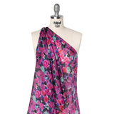 Satin Stripe Silk Dobby Print Made in Italy - Fuchsia, Blue and Dark Teal Painterly Flower Field - Deadstock