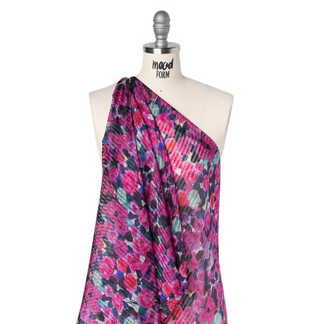 Satin Stripe Silk Dobby Print Made in Italy - Fuchsia, Blue and Dark Teal Painterly Flower Field - Deadstock