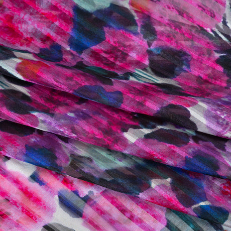 Satin Stripe Silk Dobby Print Made in Italy - Fuchsia, Blue and Dark Teal Painterly Flower Field - Deadstock