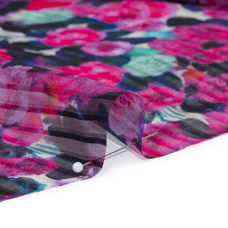 Satin Stripe Silk Dobby Print Made in Italy - Fuchsia, Blue and Dark Teal Painterly Flower Field - Deadstock
