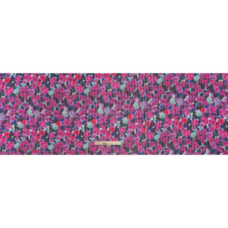 Satin Stripe Silk Dobby Print Made in Italy - Fuchsia, Blue and Dark Teal Painterly Flower Field - Deadstock