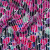Satin Stripe Silk Dobby Print Made in Italy - Fuchsia, Blue and Dark Teal Painterly Flower Field - Deadstock