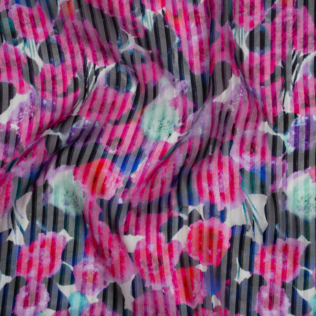 Satin Stripe Silk Dobby Print Made in Italy - Fuchsia, Blue and Dark Teal Painterly Flower Field - Deadstock