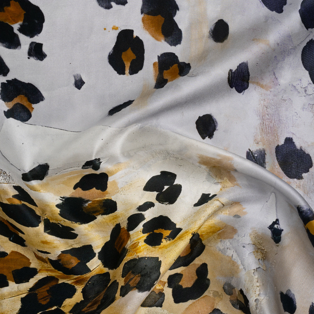 Silk Twill Print Made in Italy - Yellow Ochre, Brown and Black Painted Animal Spots - Deadstock