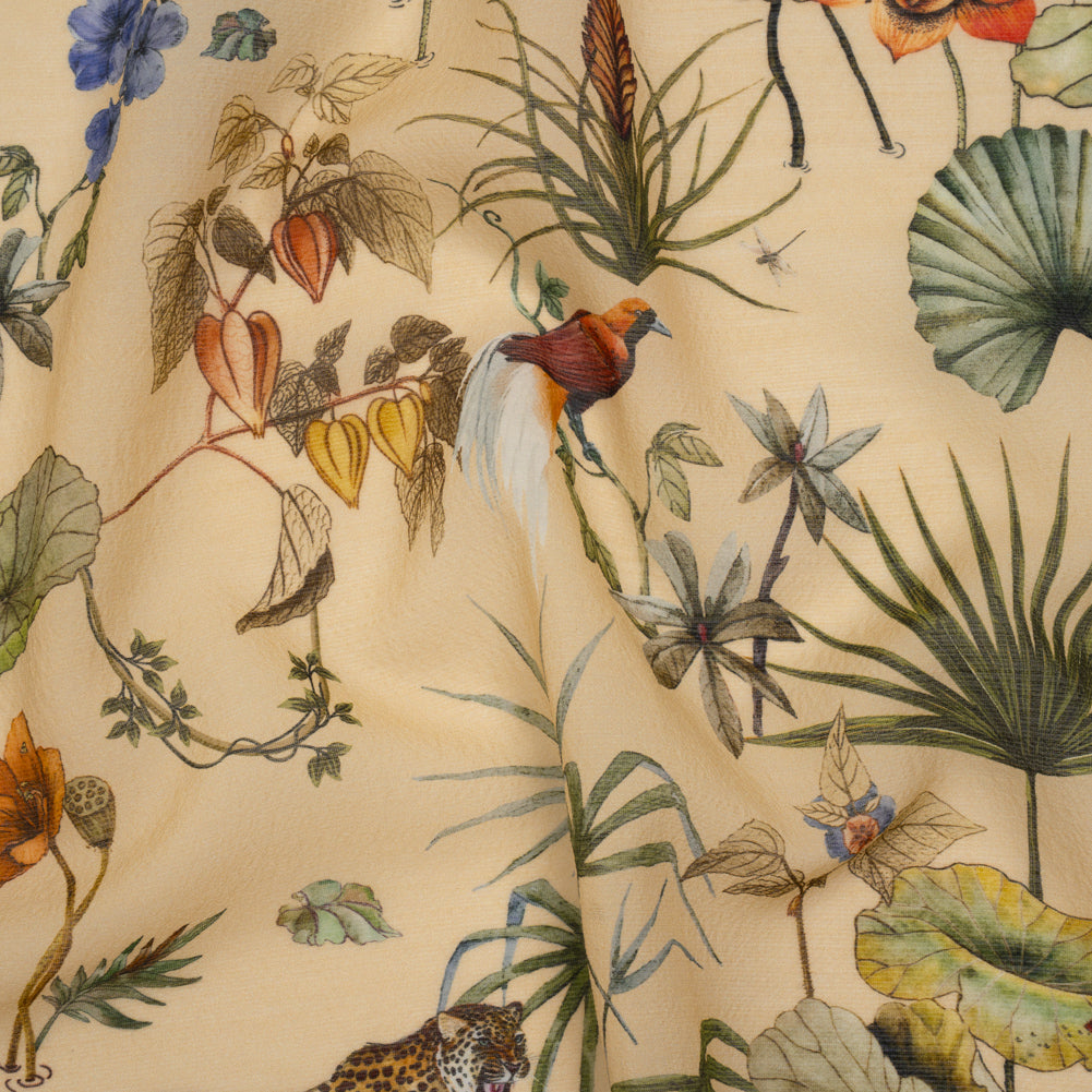 Slubbed Sheer Silk Woven Print Made in Italy - Beige, Green and Orange Tropical Flora and Fauna - Deadstock