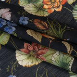 Slubbed Sheer Silk Woven Print Made in Italy - Black, Green and Orange Tropical Flora and Fauna - Deadstock