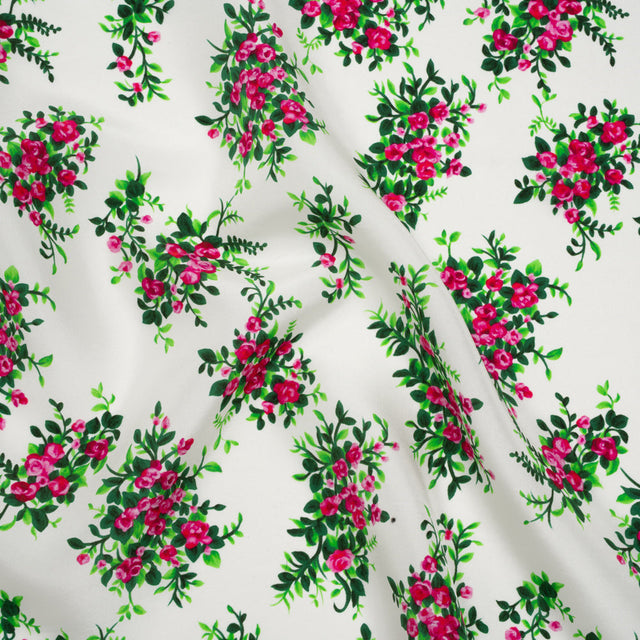 China Silk/Silk Habotai Print Made in Italy - Pink, Green and Ivory Flower Bunches - Deadstock
