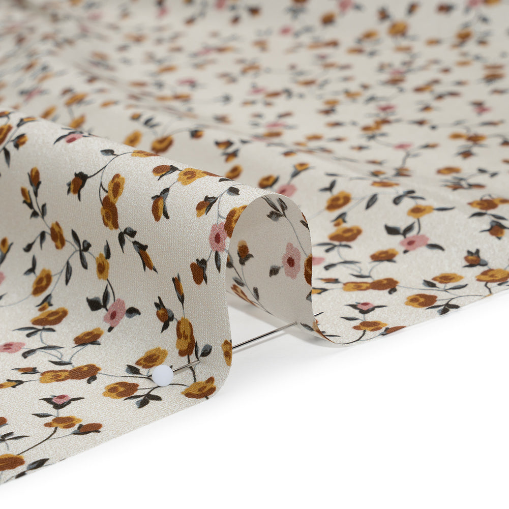 Charmeuse-Backed Silk Print Made in Italy - Ivory, Burnt Orange and Pink Little Flower Vines - Deadstock